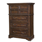Commode rustique à 5 tiroirs en brun vieilli / gris antique / blanc antique vieilli avec poignées en métal martelé et assemblage à queue d'aronde anglaise