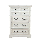 Commode rustique à 5 tiroirs en brun vieilli / gris antique / blanc antique vieilli avec poignées en métal martelé et assemblage à queue d'aronde anglaise