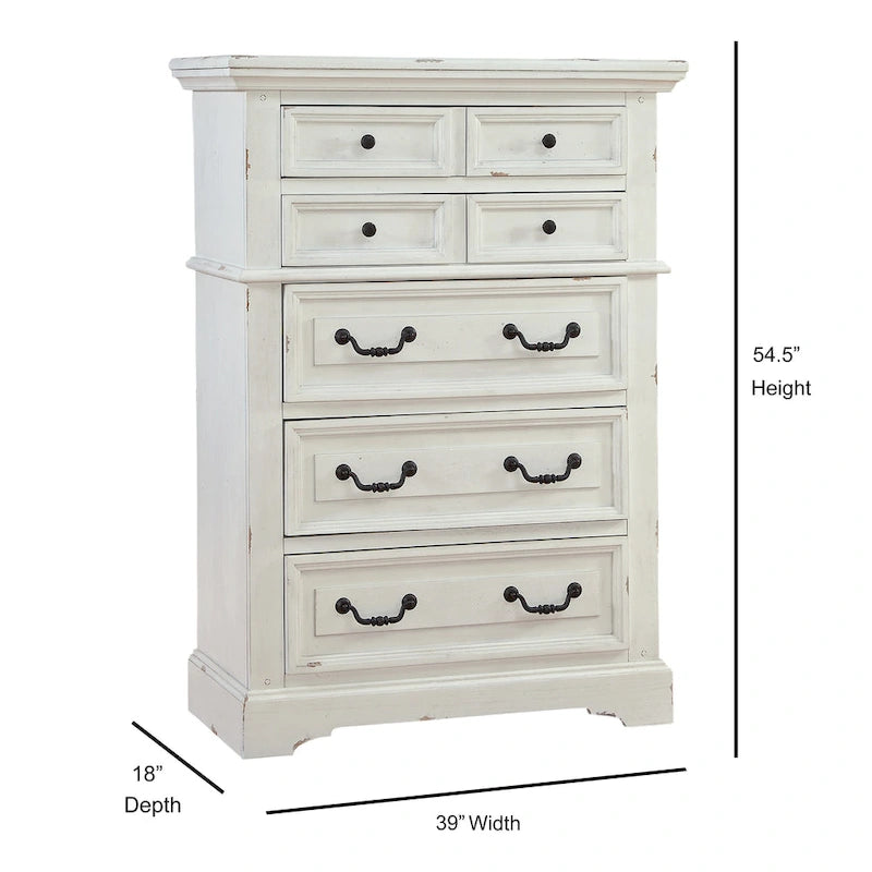 Commode rustique à 5 tiroirs en brun vieilli / gris antique / blanc antique vieilli avec poignées en métal martelé et assemblage à queue d'aronde anglaise