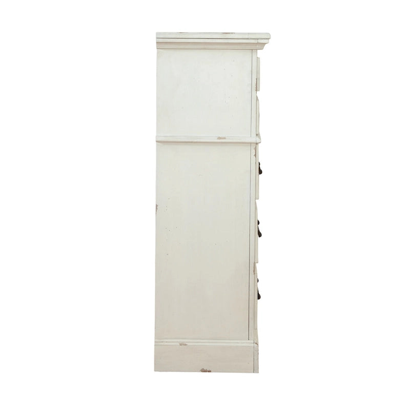 Commode rustique à 5 tiroirs en brun vieilli / gris antique / blanc antique vieilli avec poignées en métal martelé et assemblage à queue d'aronde anglaise