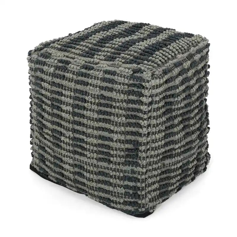 Pouf cube en jute tissé à la main, bleu/sarcelle/naturel, avec housse amovible – 1 personne