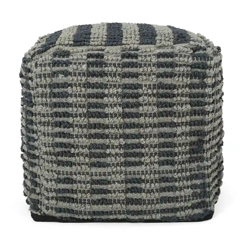 Pouf cube en jute tissé à la main, bleu/sarcelle/naturel, avec housse amovible – 1 personne
