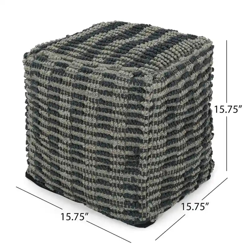 Pouf cube en jute tissé à la main, bleu/sarcelle/naturel, avec housse amovible – 1 personne