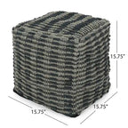 Pouf cube en jute tissé à la main, bleu/sarcelle/naturel, avec housse amovible – 1 personne