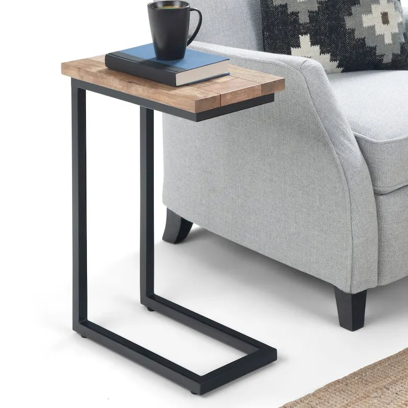 Table d'appoint industrielle en C, finition multiple, avec cadre en métal et plateau en bois de manguier ou en marbre – 1 personne