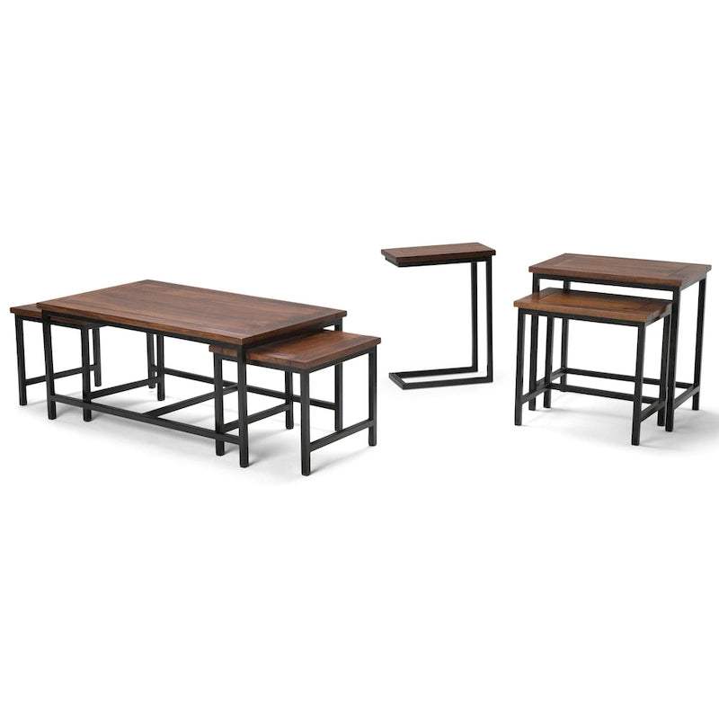 Table d'appoint industrielle en C, finition multiple, avec cadre en métal et plateau en bois de manguier ou en marbre – 1 personne
