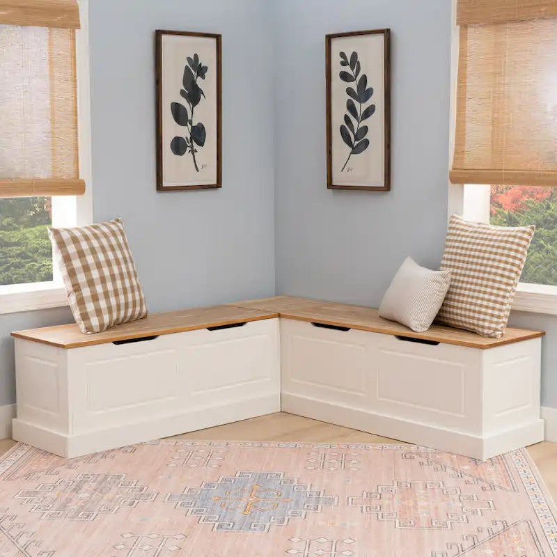 Banc de coin en L sans dossier pour coin-repas, blanc/naturel/non peint/noir, avec rangement supérieur à vérins et charnières à fermeture douce