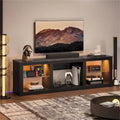 Meuble TV LED 70" en blanc délavé / marbre noir / gris délavé avec étagères en verre trempé et armoire ouverte – Convient aux téléviseurs jusqu'à 75"