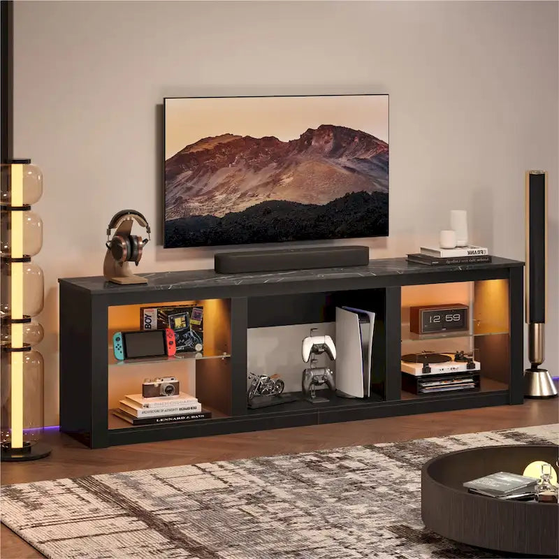 Meuble TV LED 70" en blanc délavé / marbre noir / gris délavé avec étagères en verre trempé et armoire ouverte – Convient aux téléviseurs jusqu'à 75"