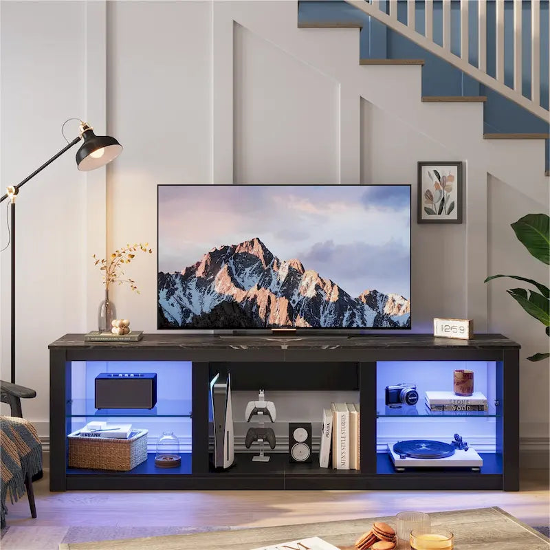 Meuble TV LED 70" en blanc délavé / marbre noir / gris délavé avec étagères en verre trempé et armoire ouverte – Convient aux téléviseurs jusqu'à 75"