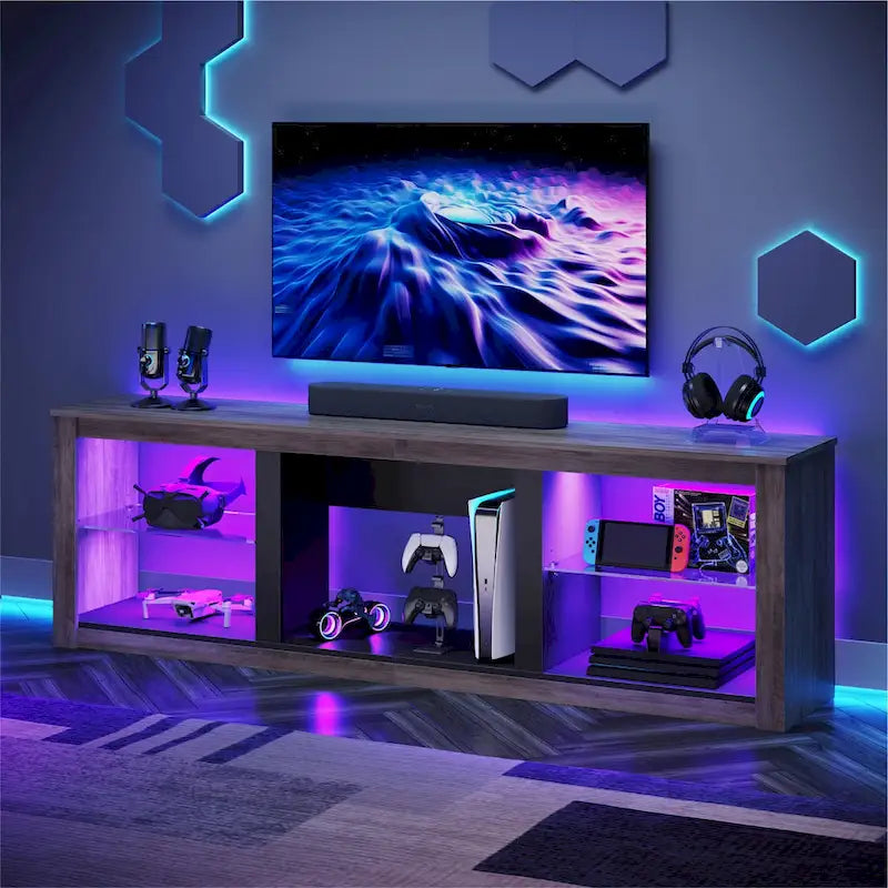 Meuble TV LED 70" en blanc délavé / marbre noir / gris délavé avec étagères en verre trempé et armoire ouverte – Convient aux téléviseurs jusqu'à 75"