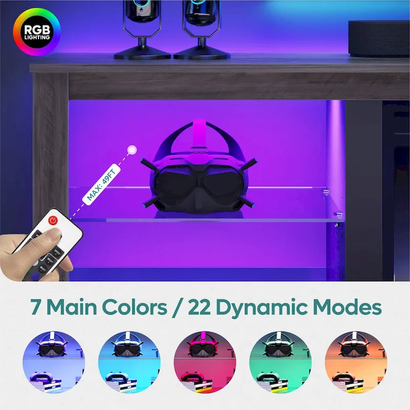 Meuble TV LED 70" en blanc délavé / marbre noir / gris délavé avec étagères en verre trempé et armoire ouverte – Convient aux téléviseurs jusqu'à 75"