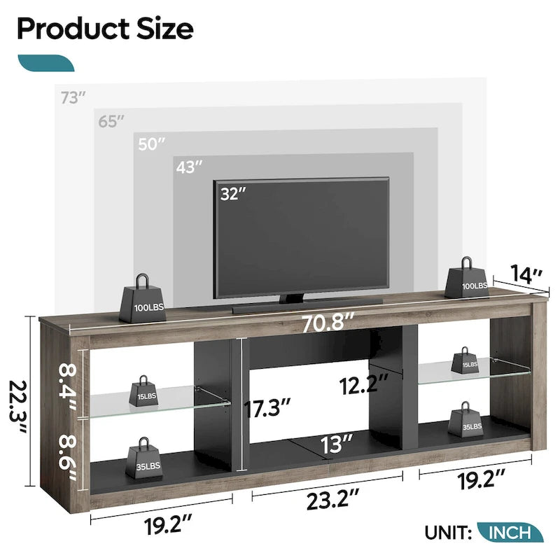 Meuble TV LED 70" en blanc délavé / marbre noir / gris délavé avec étagères en verre trempé et armoire ouverte – Convient aux téléviseurs jusqu'à 75"