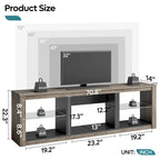 Meuble TV LED 70" en blanc délavé / marbre noir / gris délavé avec étagères en verre trempé et armoire ouverte – Convient aux téléviseurs jusqu'à 75"