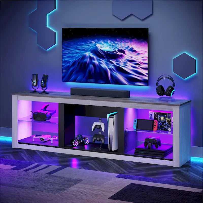 Meuble TV LED 70" en blanc délavé / marbre noir / gris délavé avec étagères en verre trempé et armoire ouverte – Convient aux téléviseurs jusqu'à 75"