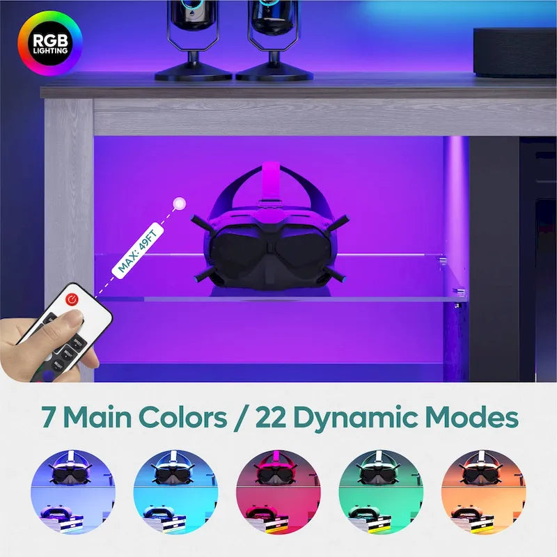 Meuble TV LED 70" en blanc délavé / marbre noir / gris délavé avec étagères en verre trempé et armoire ouverte – Convient aux téléviseurs jusqu'à 75"