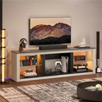 Meuble TV LED 70" en blanc délavé / marbre noir / gris délavé avec étagères en verre trempé et armoire ouverte – Convient aux téléviseurs jusqu'à 75"
