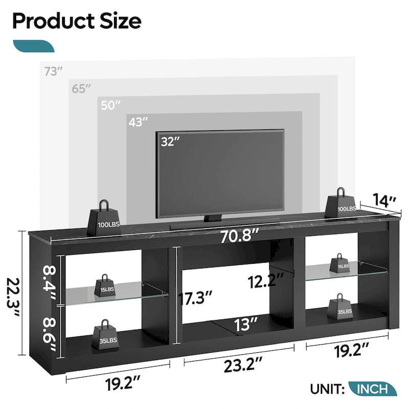Meuble TV LED 70" en blanc délavé / marbre noir / gris délavé avec étagères en verre trempé et armoire ouverte – Convient aux téléviseurs jusqu'à 75"