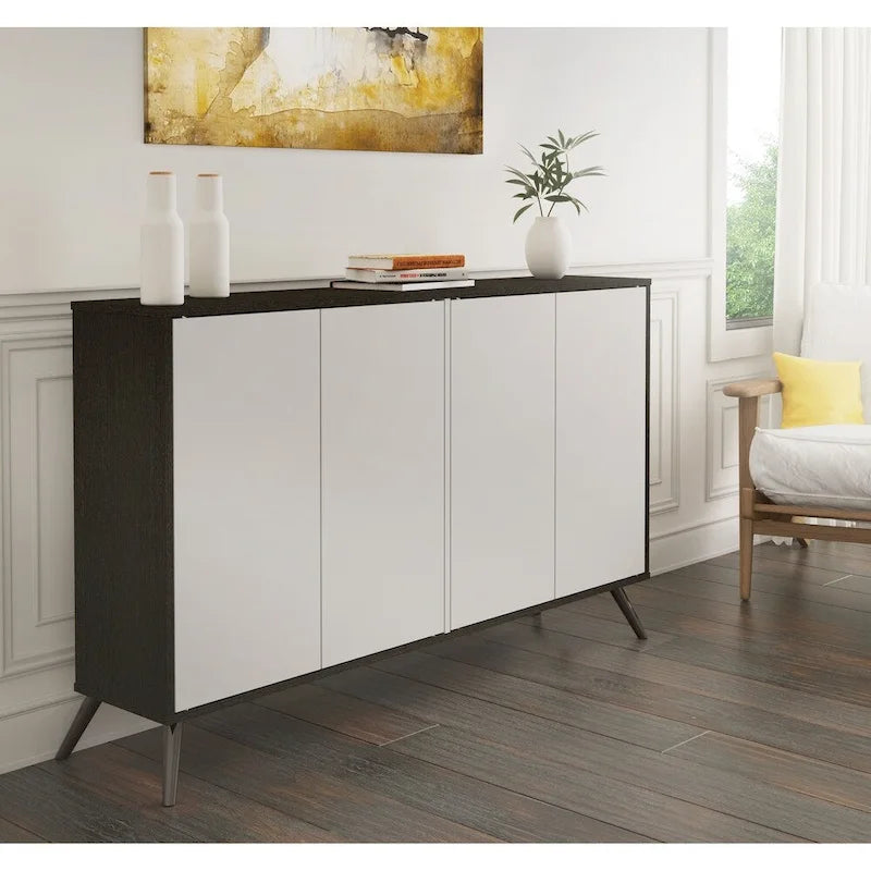 Meuble de rangement en mélamine blanc / gris foncé et blanc de 60" avec 4 étagères réglables et pieds en chrome noir