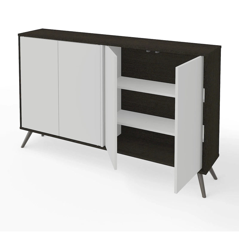 Meuble de rangement en mélamine blanc / gris foncé et blanc de 60" avec 4 étagères réglables et pieds en chrome noir