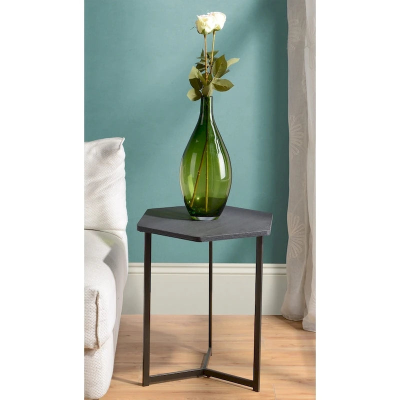 Table d'appoint hexagonale en bois brun/gris avec base en métal noir