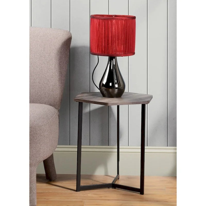 Table d'appoint hexagonale en bois brun/gris avec base en métal noir