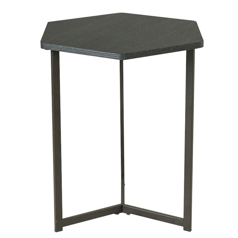 Table d'appoint hexagonale en bois brun/gris avec base en métal noir