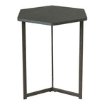 Table d'appoint hexagonale en bois brun/gris avec base en métal noir