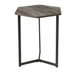 Table d'appoint hexagonale en bois brun/gris avec base en métal noir