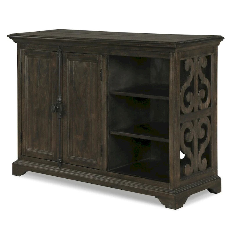 Meuble d'imprimante traditionnel en pin vieilli poivre délavé avec quincaillerie de porte française, étagères réglables et gestion des câbles