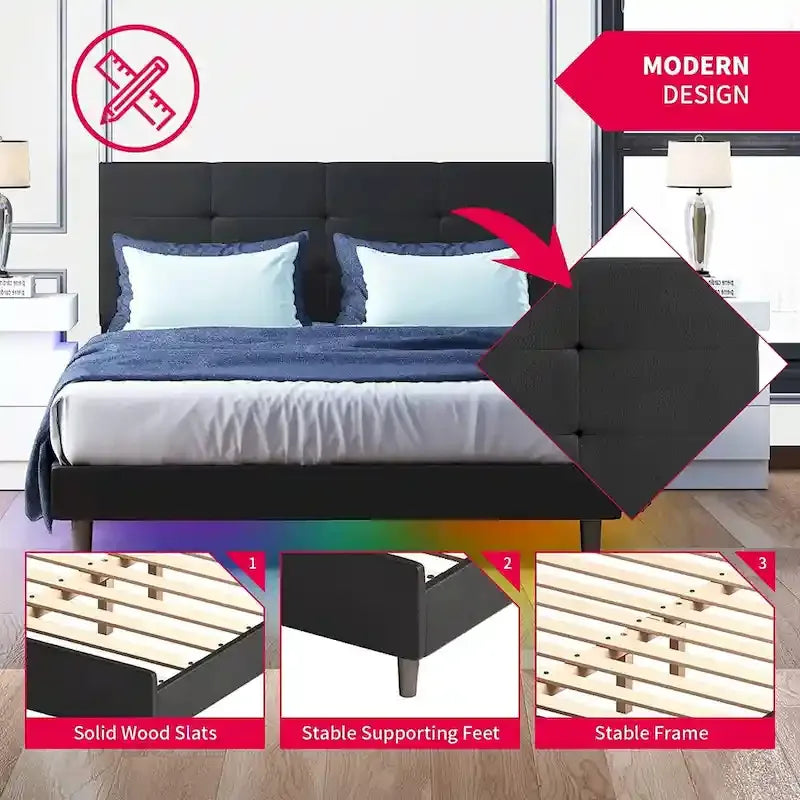 Lit plateforme en PVC gris / noir / blanc avec lumières LED RGB et tête de lit capitonnée – Taille complète / Queen / King