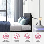 Lit plateforme en PVC gris / noir / blanc avec lumières LED RGB et tête de lit capitonnée – Taille complète / Queen / King