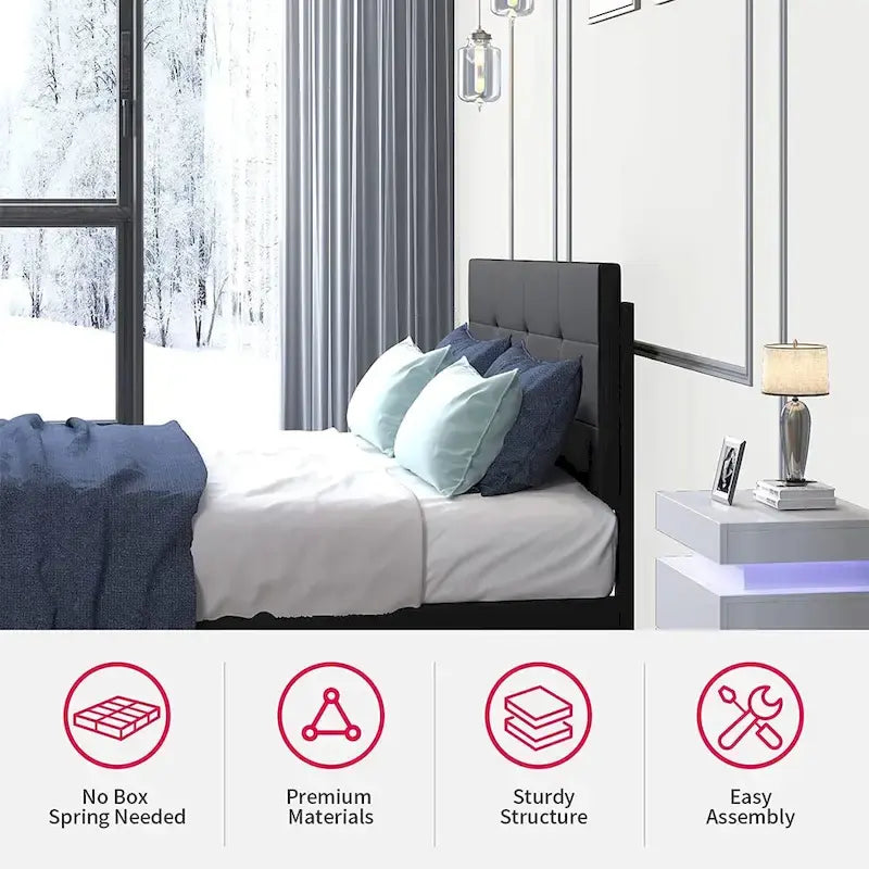 Lit plateforme en PVC gris / noir / blanc avec lumières LED RGB et tête de lit capitonnée – Taille complète / Queen / King