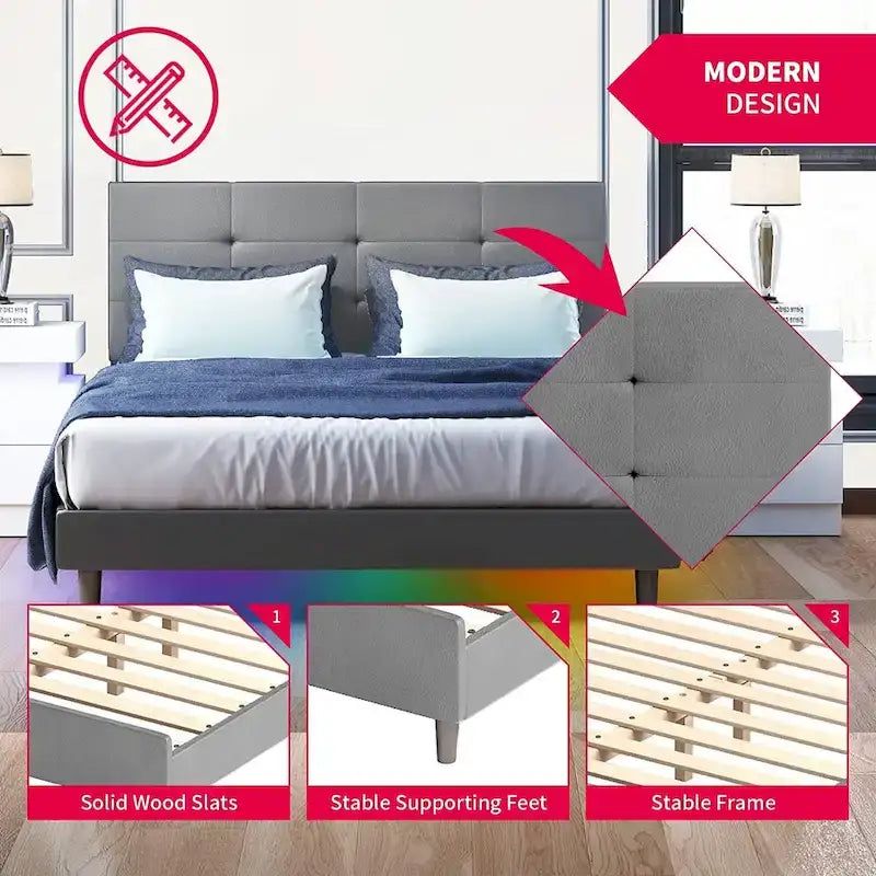 Lit plateforme en PVC gris / noir / blanc avec lumières LED RGB et tête de lit capitonnée – Taille complète / Queen / King