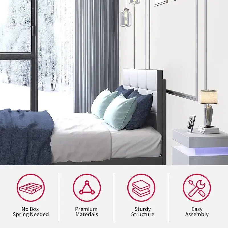 Lit plateforme en PVC gris / noir / blanc avec lumières LED RGB et tête de lit capitonnée – Taille complète / Queen / King