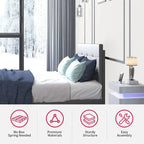 Lit plateforme en PVC gris / noir / blanc avec lumières LED RGB et tête de lit capitonnée – Taille complète / Queen / King