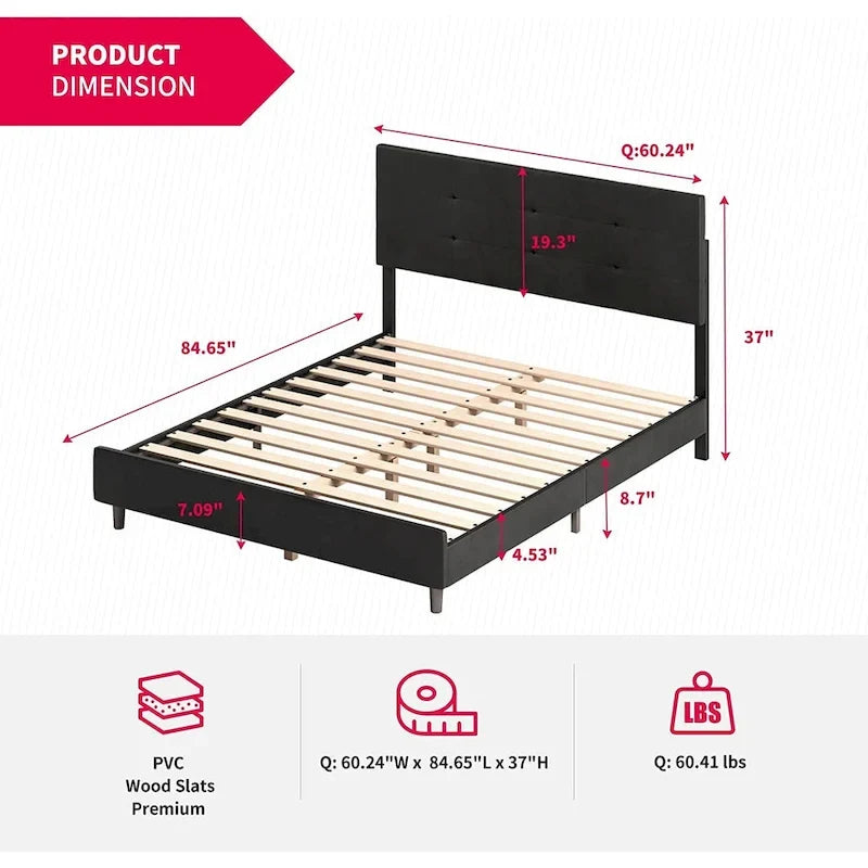 Lit plateforme en PVC gris / noir / blanc avec lumières LED RGB et tête de lit capitonnée – Taille complète / Queen / King