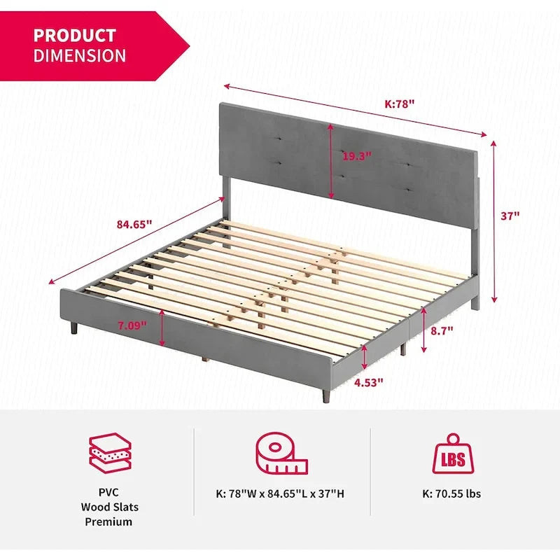 Lit plateforme en PVC gris / noir / blanc avec lumières LED RGB et tête de lit capitonnée – Taille complète / Queen / King