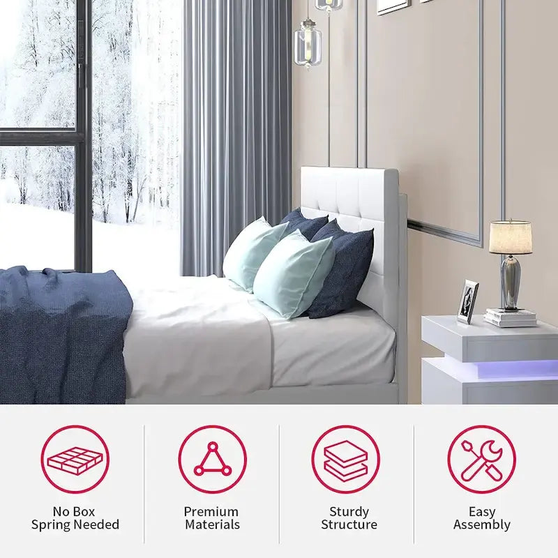 Lit plateforme en PVC gris / noir / blanc avec lumières LED RGB et tête de lit capitonnée – Taille complète / Queen / King