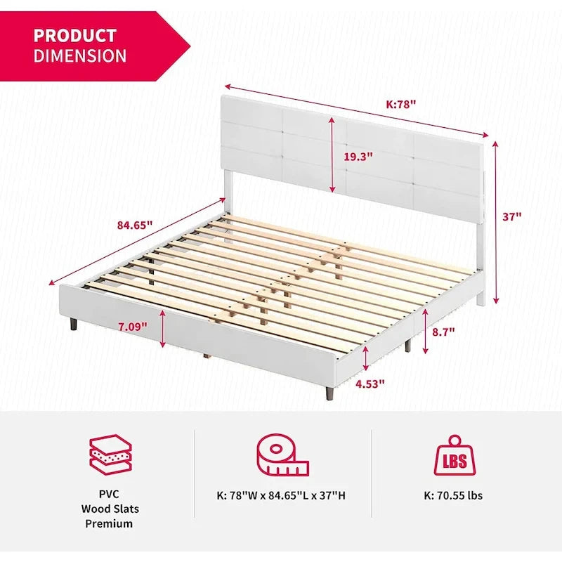 Lit plateforme en PVC gris / noir / blanc avec lumières LED RGB et tête de lit capitonnée – Taille complète / Queen / King