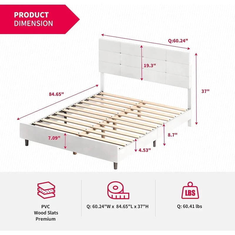 Lit plateforme en PVC gris / noir / blanc avec lumières LED RGB et tête de lit capitonnée – Taille complète / Queen / King