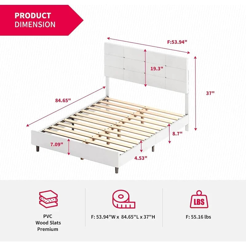Lit plateforme en PVC gris / noir / blanc avec lumières LED RGB et tête de lit capitonnée – Taille complète / Queen / King