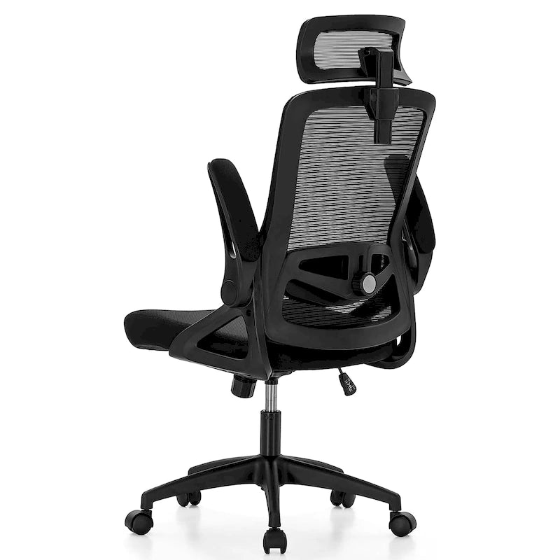 Chaise de bureau ergonomique noire à dossier haut en maille avec rotation à 360°, hauteur réglable et accoudoirs relevables – Avec ou sans appuie-tête – 1 personne