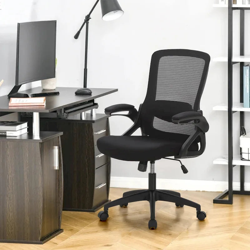 Chaise de bureau ergonomique noire à dossier haut en maille avec rotation à 360°, hauteur réglable et accoudoirs relevables – Avec ou sans appuie-tête – 1 personne