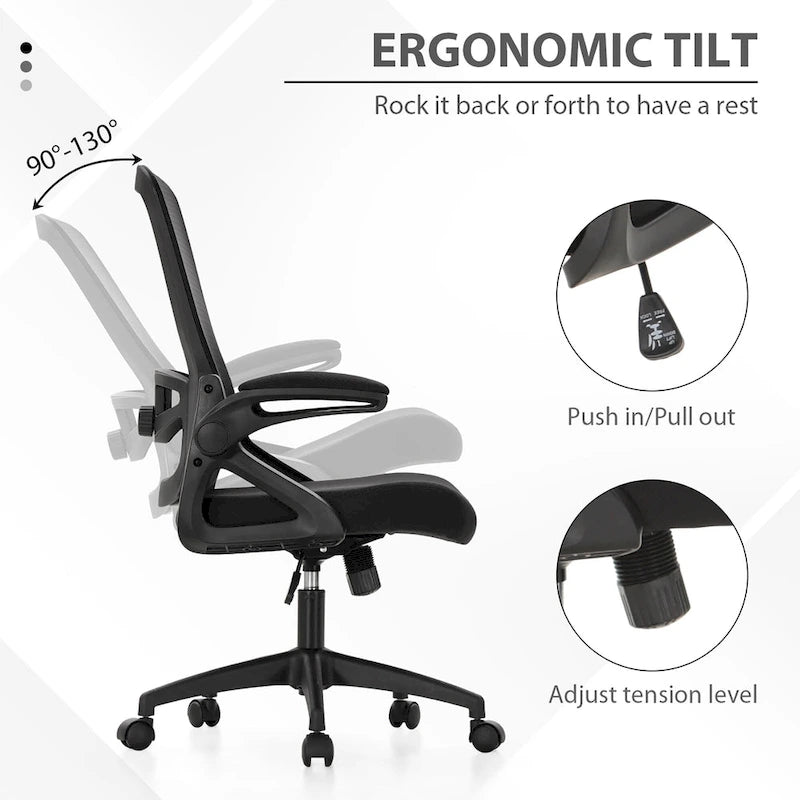 Chaise de bureau ergonomique noire à dossier haut en maille avec rotation à 360°, hauteur réglable et accoudoirs relevables – Avec ou sans appuie-tête – 1 personne
