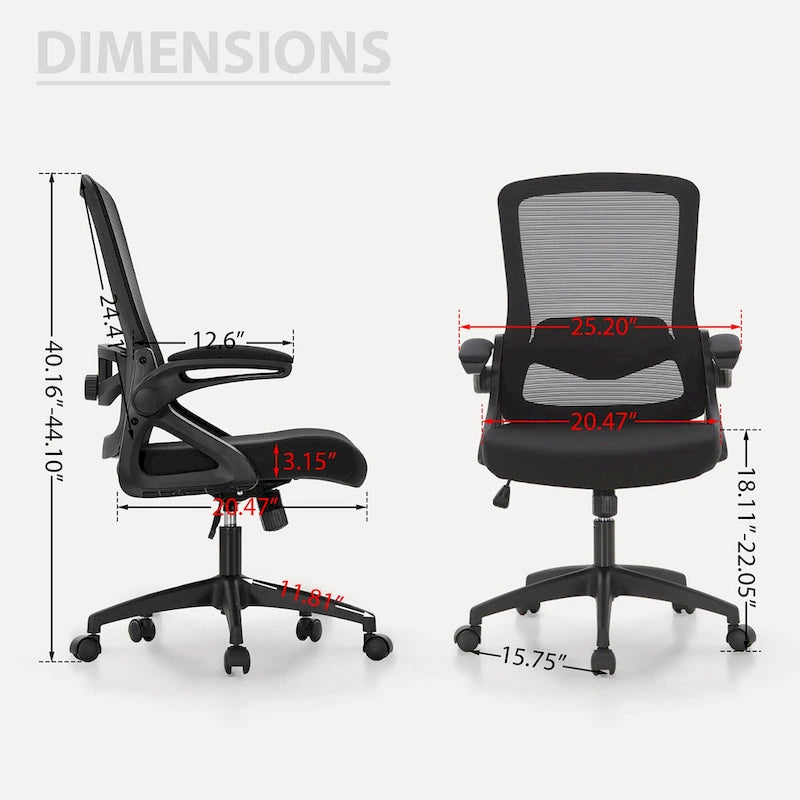 Chaise de bureau ergonomique noire à dossier haut en maille avec rotation à 360°, hauteur réglable et accoudoirs relevables – Avec ou sans appuie-tête – 1 personne