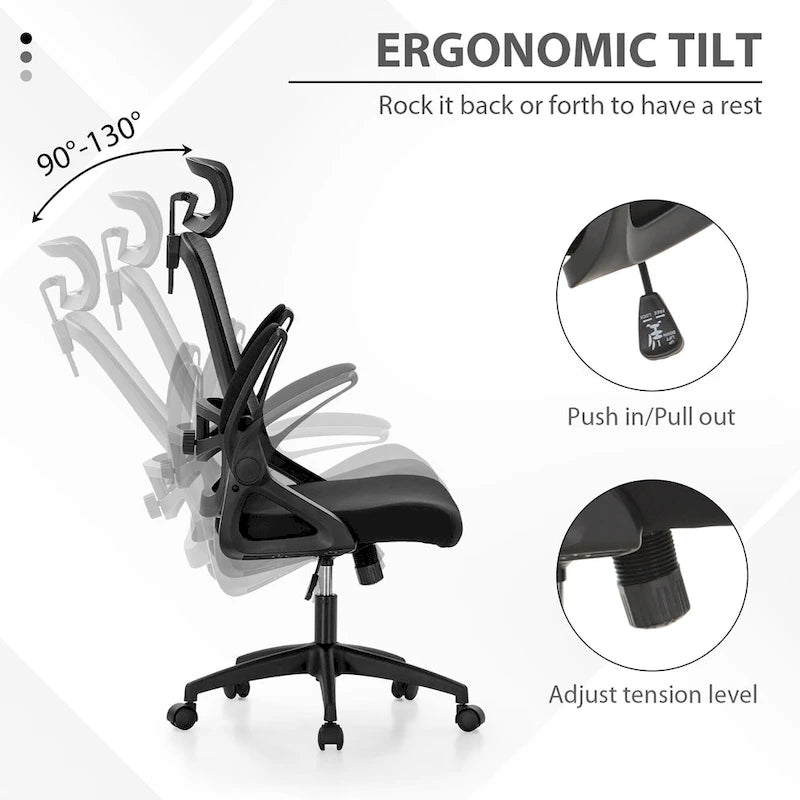 Chaise de bureau ergonomique noire à dossier haut en maille avec rotation à 360°, hauteur réglable et accoudoirs relevables – Avec ou sans appuie-tête – 1 personne