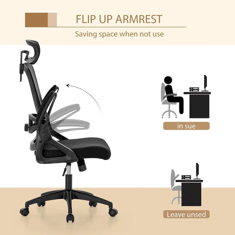 Chaise de bureau ergonomique noire à dossier haut en maille avec rotation à 360°, hauteur réglable et accoudoirs relevables – Avec ou sans appuie-tête – 1 personne