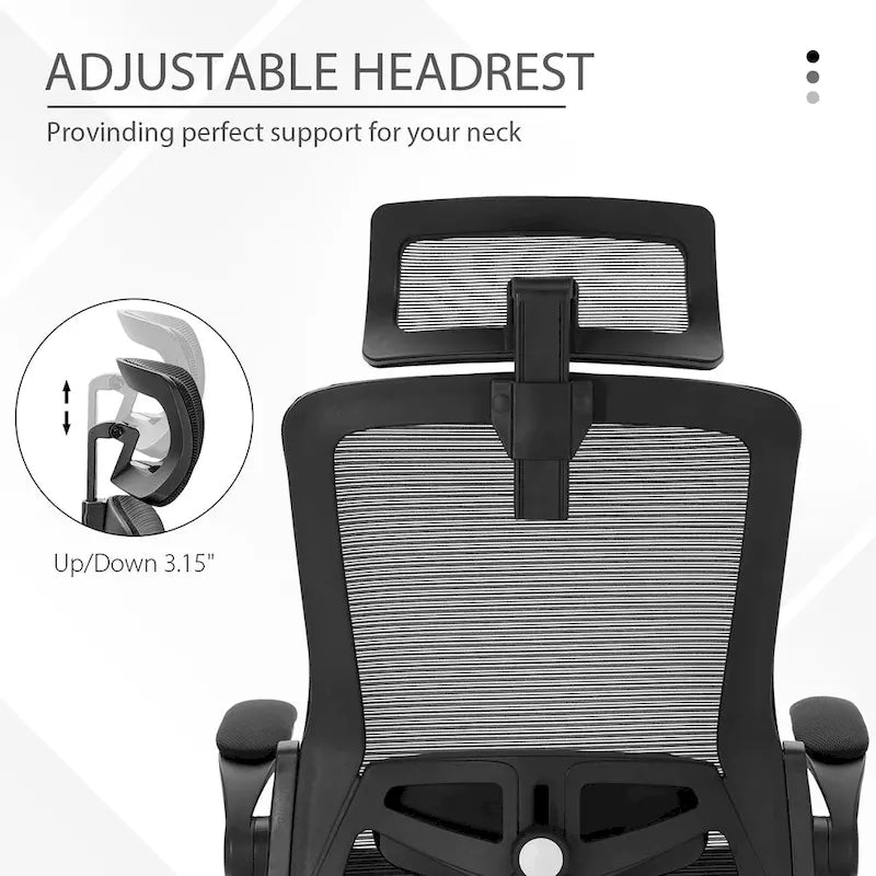Chaise de bureau ergonomique noire à dossier haut en maille avec rotation à 360°, hauteur réglable et accoudoirs relevables – Avec ou sans appuie-tête – 1 personne
