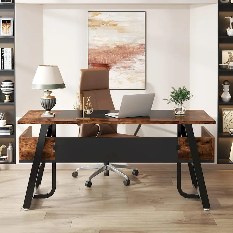 Gris-Noir / Brun-Noir / Brun-Blanc Bureau de direction de 160 cm avec étagères inférieures – 1 personne